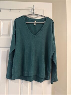 Anthropologie Teal Textured V-Neck Knit Top